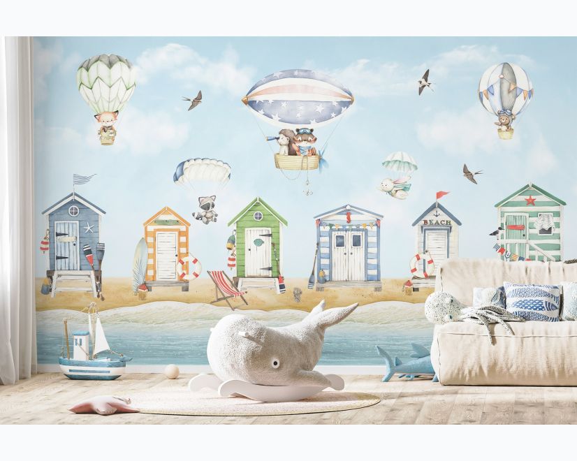 Watercolor Kids Beach House with Hot Air Balloons main product photo