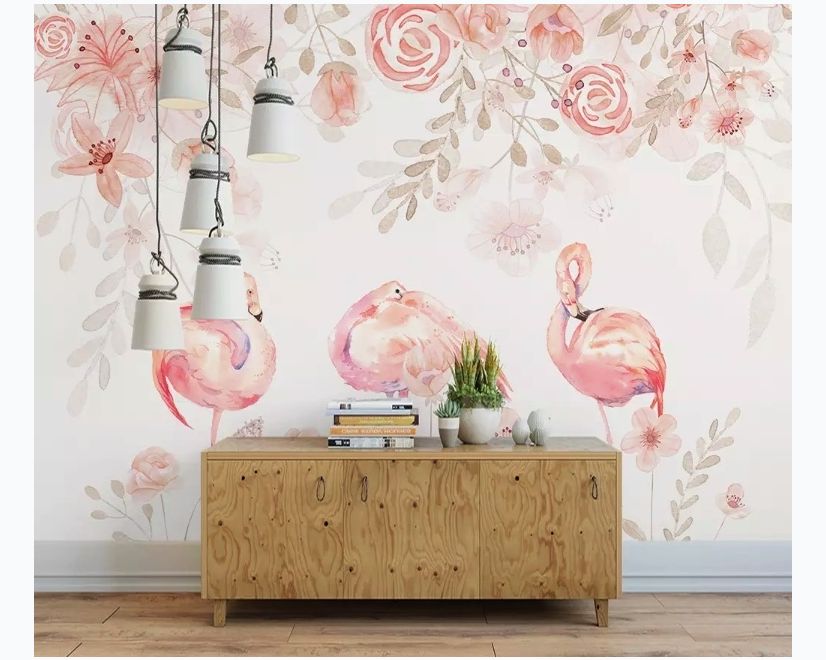 Pink Flamingo with Pink Flowers Wallpaper Mural main product photo