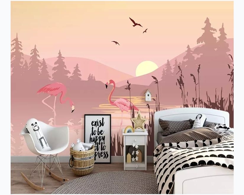 Pink Sunrise Landscape with Flamingos Wallpaper Mural main product photo