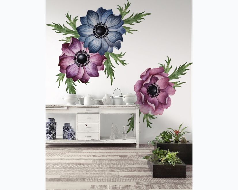 Watercolor Dark Blue Red Anemone Florals Wall Decal Sticker main product photo