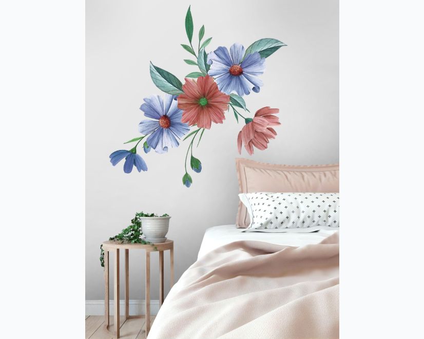 Blue Red Watercolor Daisy Floral Bouqet Wall Decal Sticker main product photo