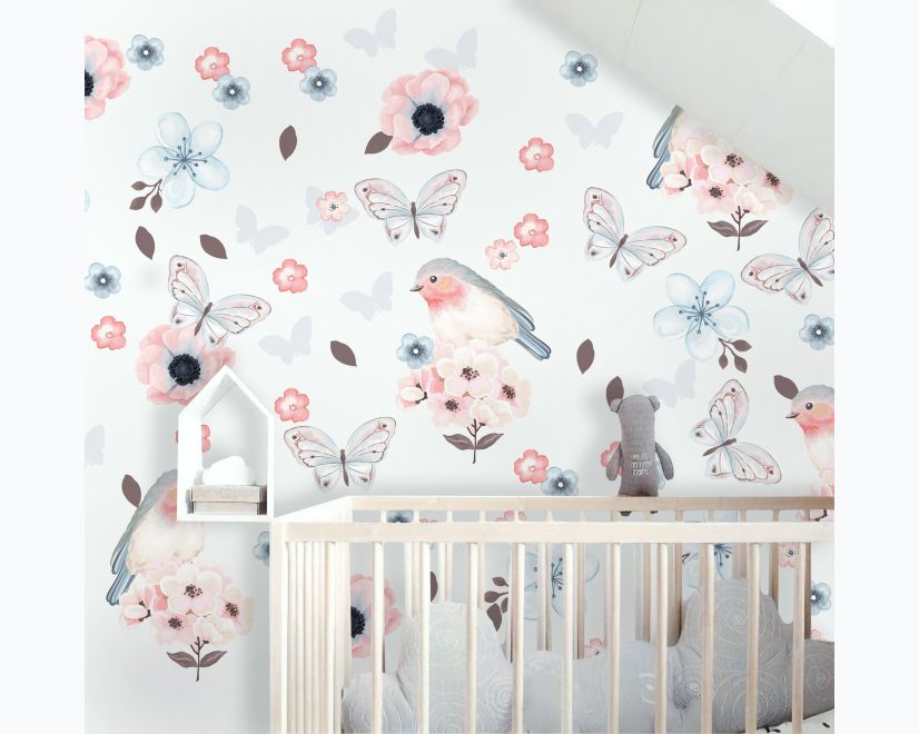 Watercolor Pink Blue Florals with Birds and Butterfly Wall Decal Sticker main product photo