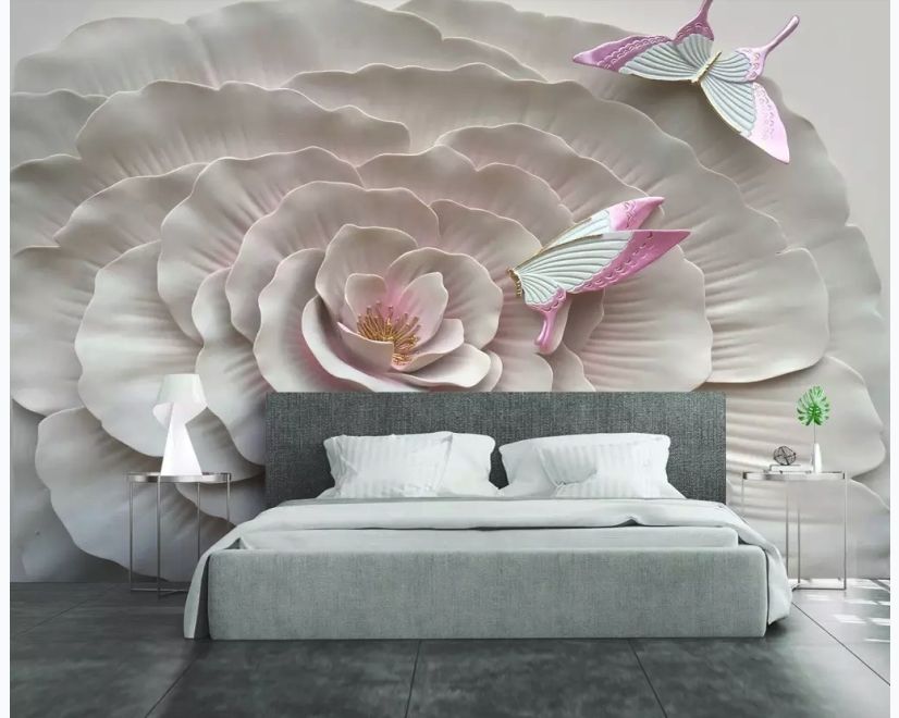 3D Embossed Look Flowers and Butterfly Wallpaper Mural main product photo