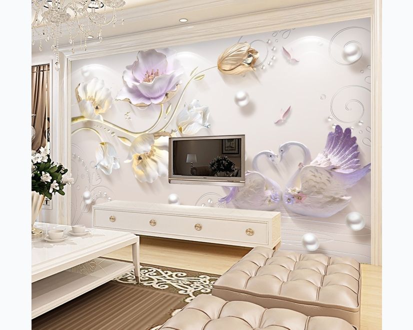 3D Embossed Look Tulip Floral with Swan Wallpaper Mural main product photo