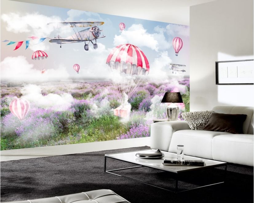 3D Look Misty Lavender and Hot Air Balloon Wallpaper Mural main product photo