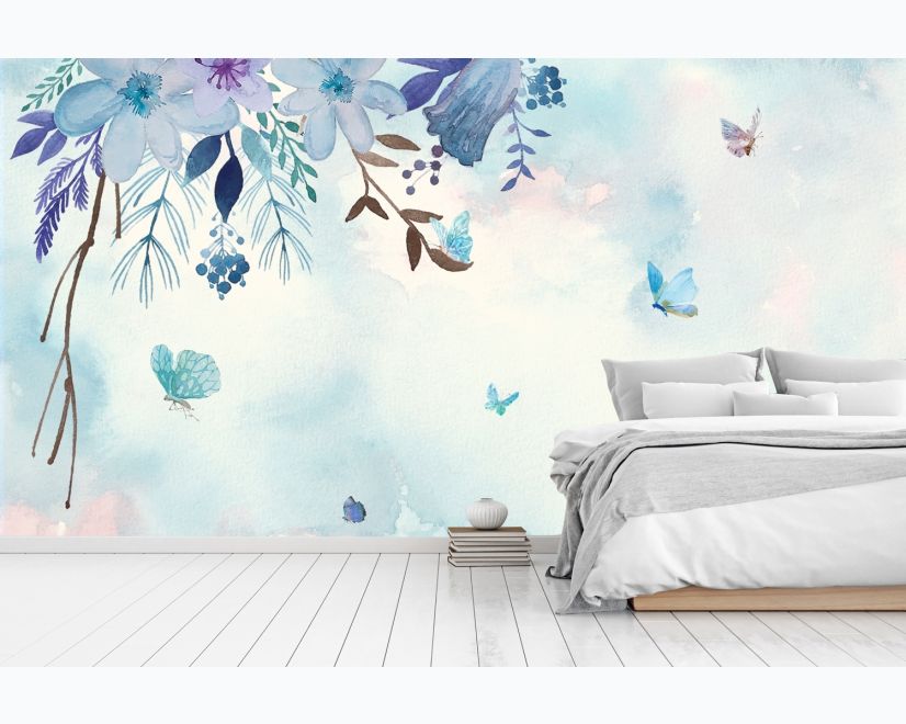 Blue Purple Floral with Little Butterfly Wallpaper Mural main product photo