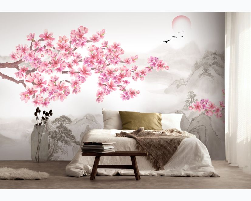 Cherry Blossom with Mountain Landscape Wallpaper Mural main product photo