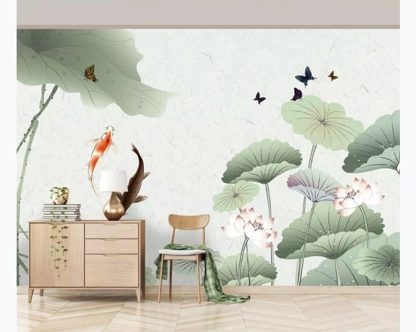 Watercolor Lotus Flower and Butterflies Wallpaper Mural main product photo