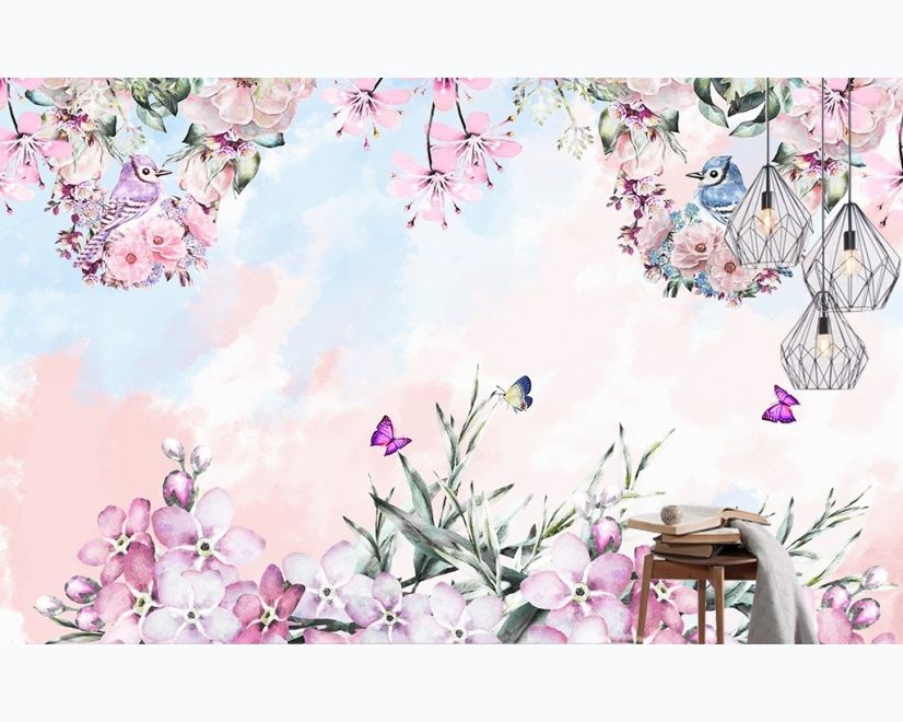 Watercolor Pink Floral Garden Wallpaper Mural main product photo