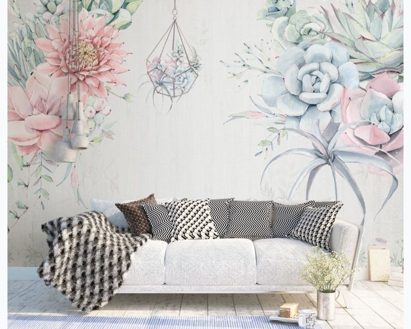 Pink Blue Soft Floral Wallpaper Mural main product photo