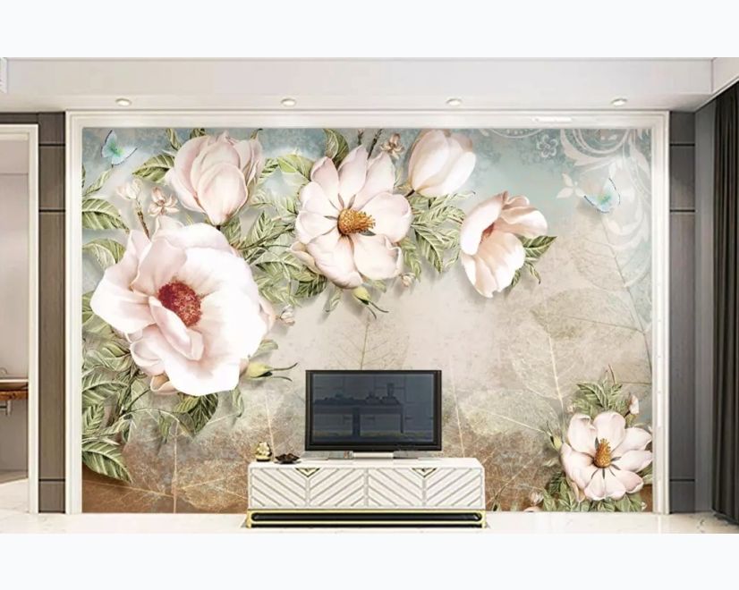 Retro Oil Painting White Flowers Wallpaper Mural main product photo