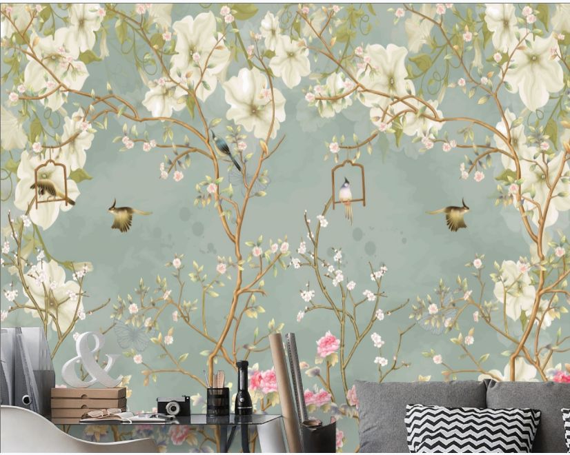 Soft Chinese White Florals with Birds Wallpaper Mural main product photo
