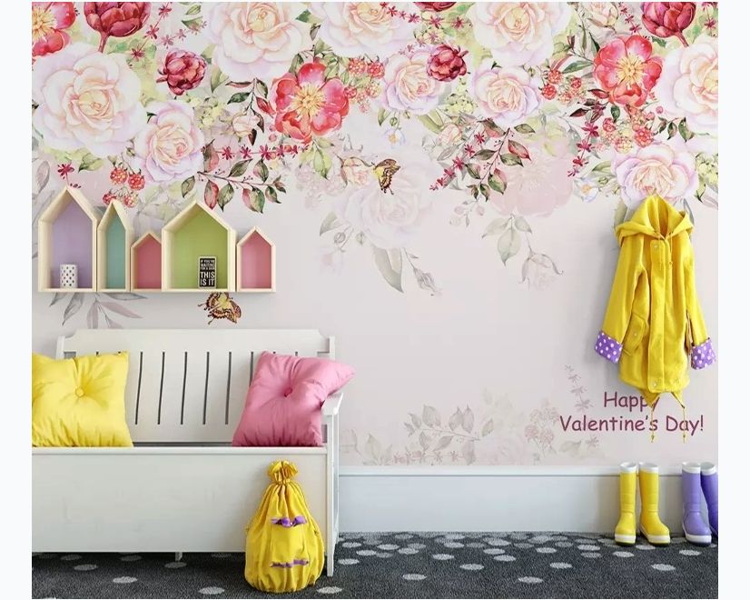 Pink Flowers and Butterflies Wallpaper Mural main product photo