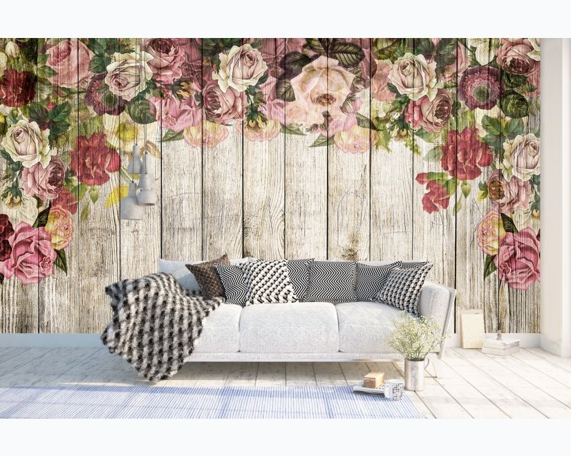 Vintage Floral with Wood Wall Wallpaper Mural main product photo