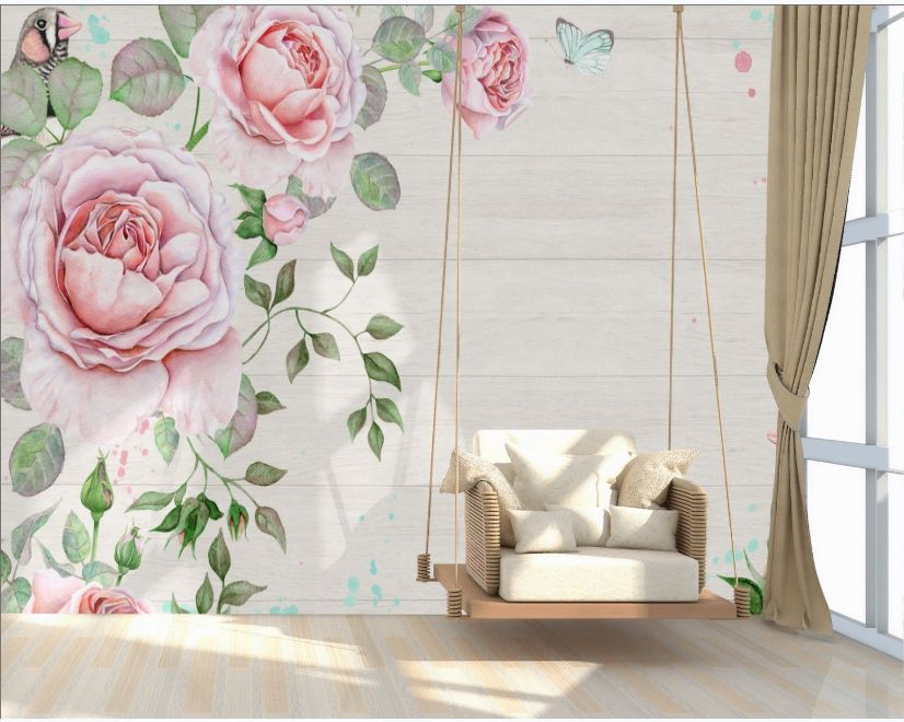 Watercolor Pink Rose Floral with Bird Wallpaper Mural main product photo