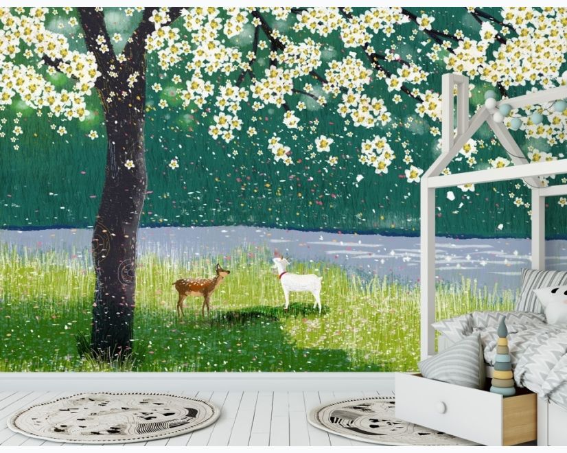 Watercolor Forest with Peach Blossom Wallpaper Mural main product photo