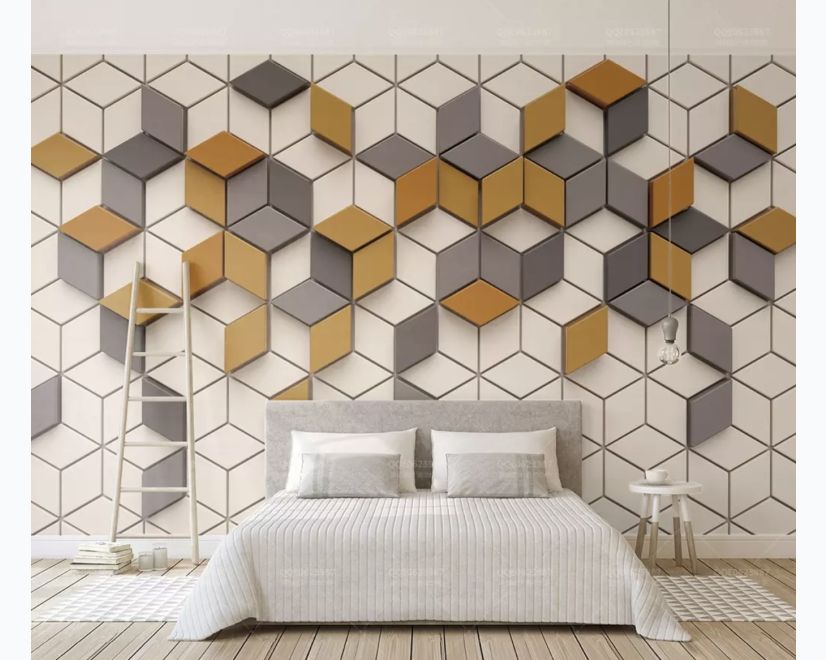 Yellow Gray Geometric Honeycomb Pattern Wallpaper Mural main product photo