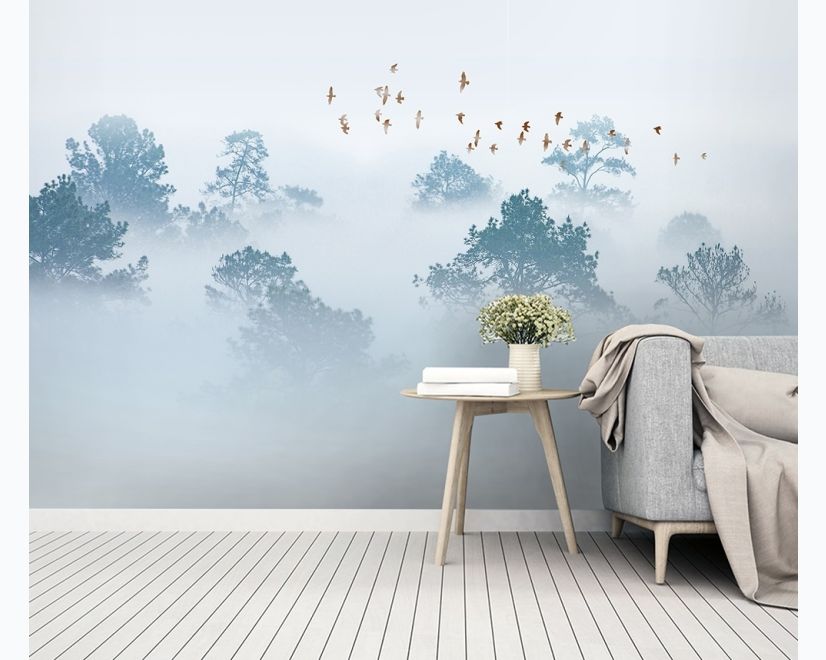 Misty Forest with Birds Wallpaper Mural main product photo