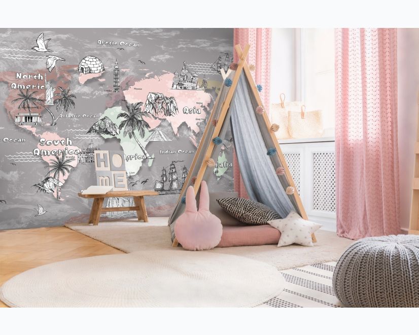 Kids World Map with Famous Landmarks Wallpaper Mural main product photo