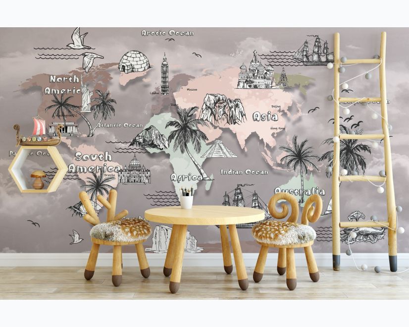 Kids World Map with Charcoal Famous Landmarks Wallpaper Mural main product photo
