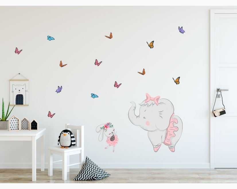 Kids Pink Ballerine Elephant and Bunny with Little Butterflies Wall Decal Sticker main product photo