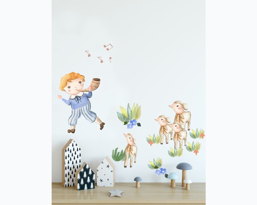 Kids Little Boys and Cute Sheeps Wall Decal Sticker main product photo