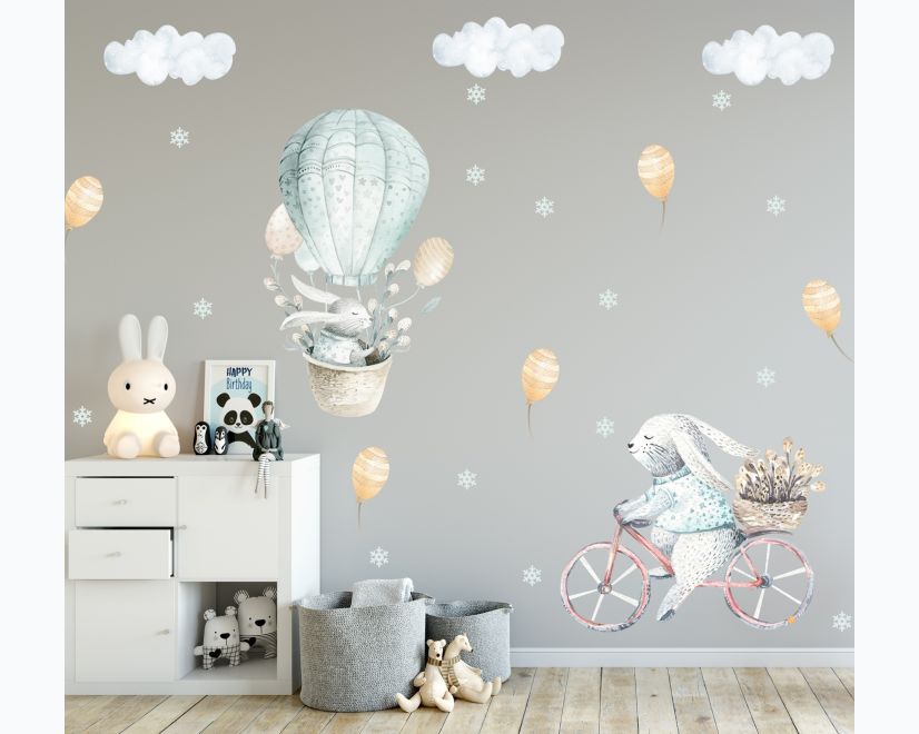 Kids Cartoon Rabbit with Balloons and Snowflake Wall Decal Sticker main product photo
