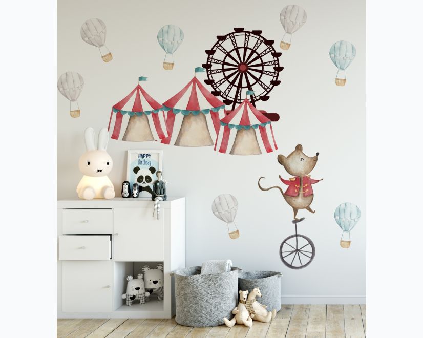 Kids Watercolor Circus Amusement Park with Little Hot Air Balloon Wall Decal Sticker main product photo