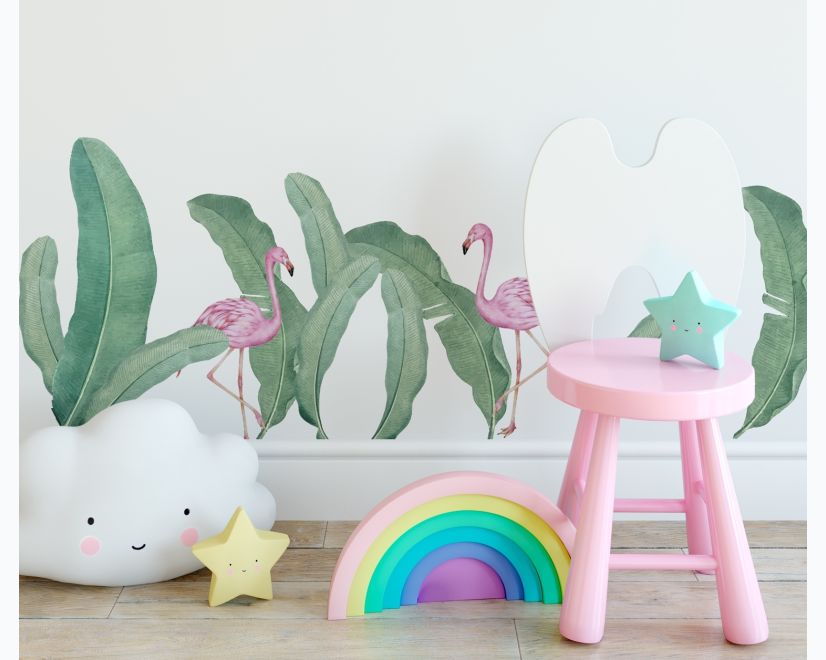 Kids Pink Flamingo and Green Banana Leaves Wall Decal Sticker main product photo