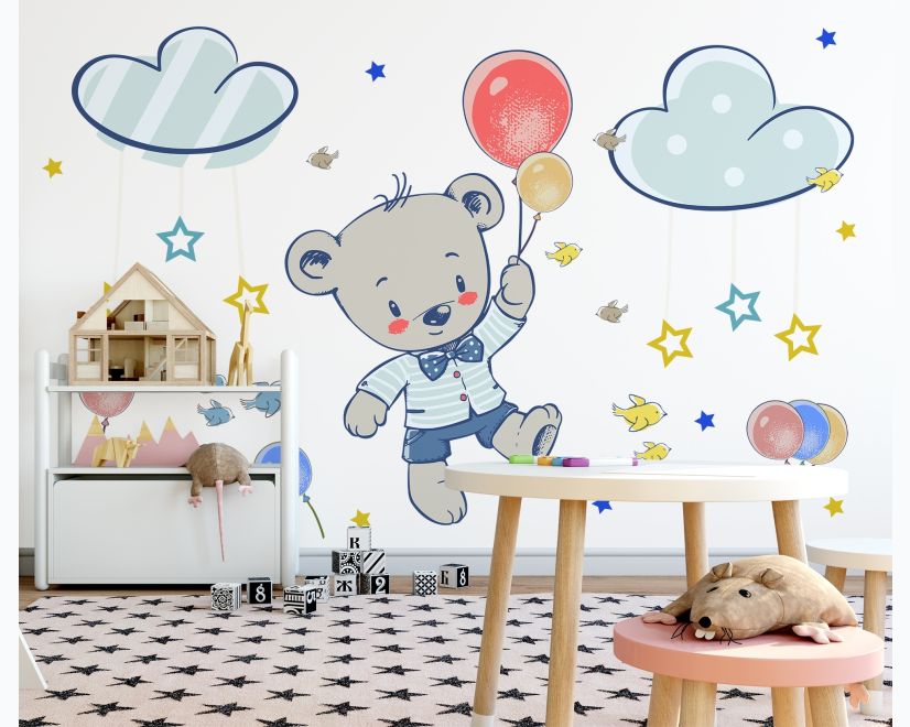 Kids Flying Cute Bear and Colorful Stars in the Cartoon Sky Wall Decal Sticker main product photo