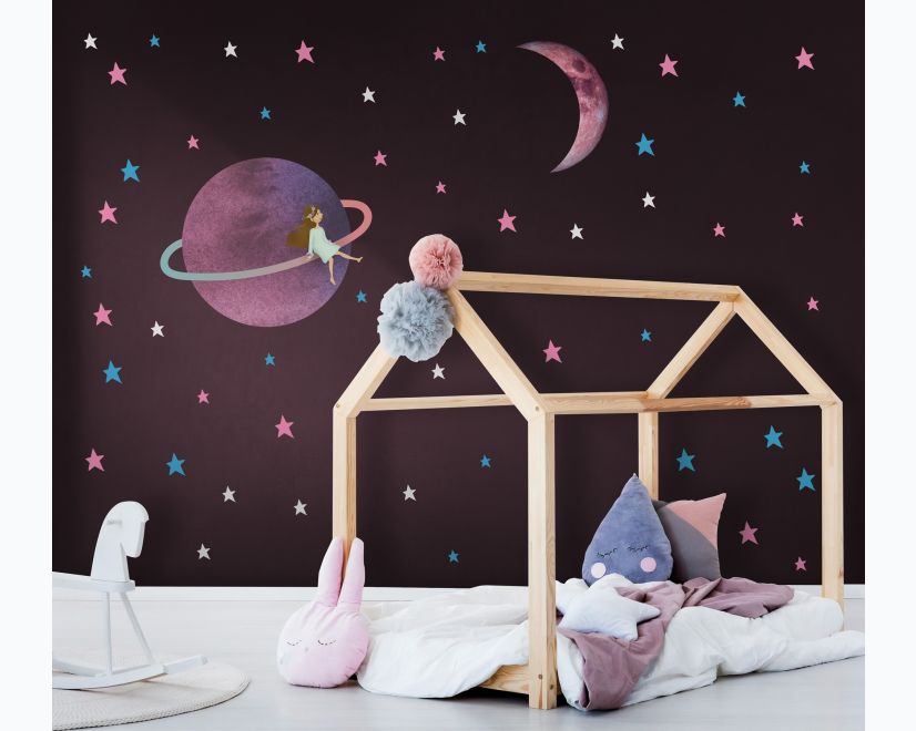 Colorful Space with Cute Little Girl on the Saturn Rings and Pink Moon Wall Decal Sticker main product photo