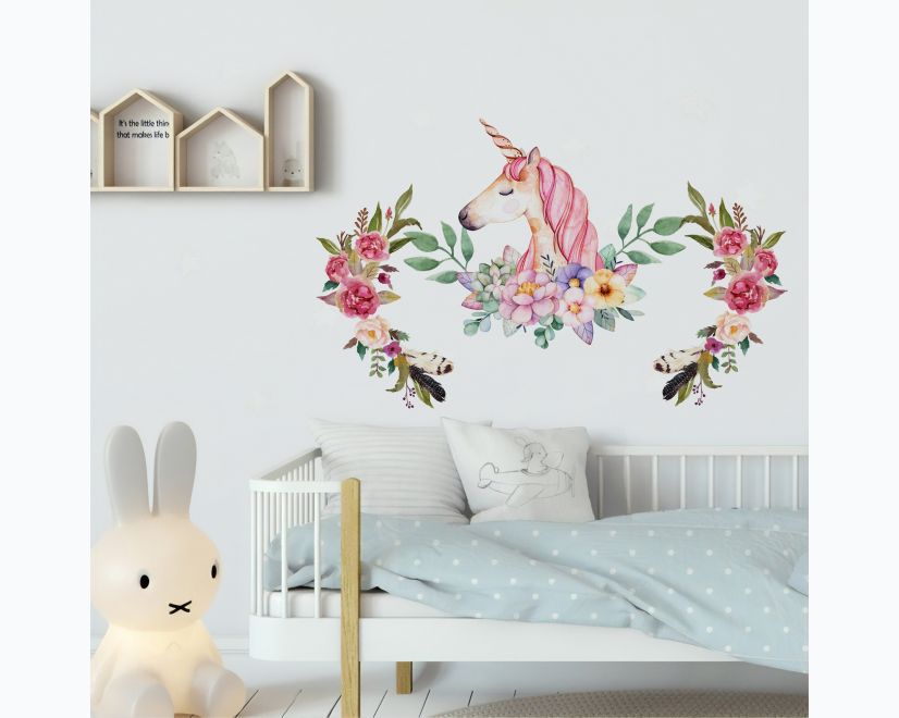 Kids Pink Unicorn with Colorful Florals Wall Decal Sticker main product photo