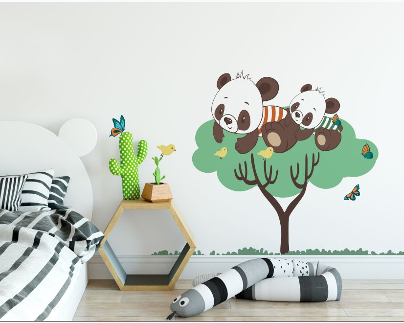 Panda and Her Cubs on the Tree with Butterfly and Birds Wall Decal Sticker main product photo