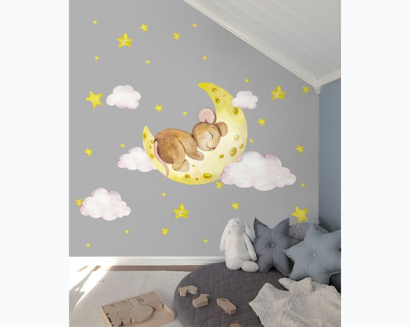 Kids Cute Mouse on the Crescent Moon and Watercolor Yellow Stars Wall Decal Sticker main product photo