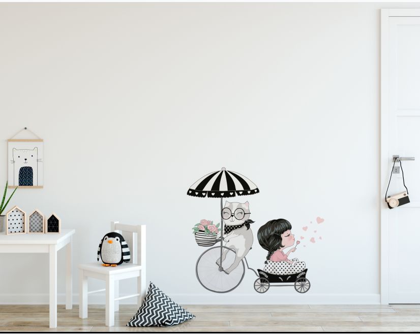 Cute Cat and Beautiful Girl Riding the Bike Wall Decal Sticker main product photo