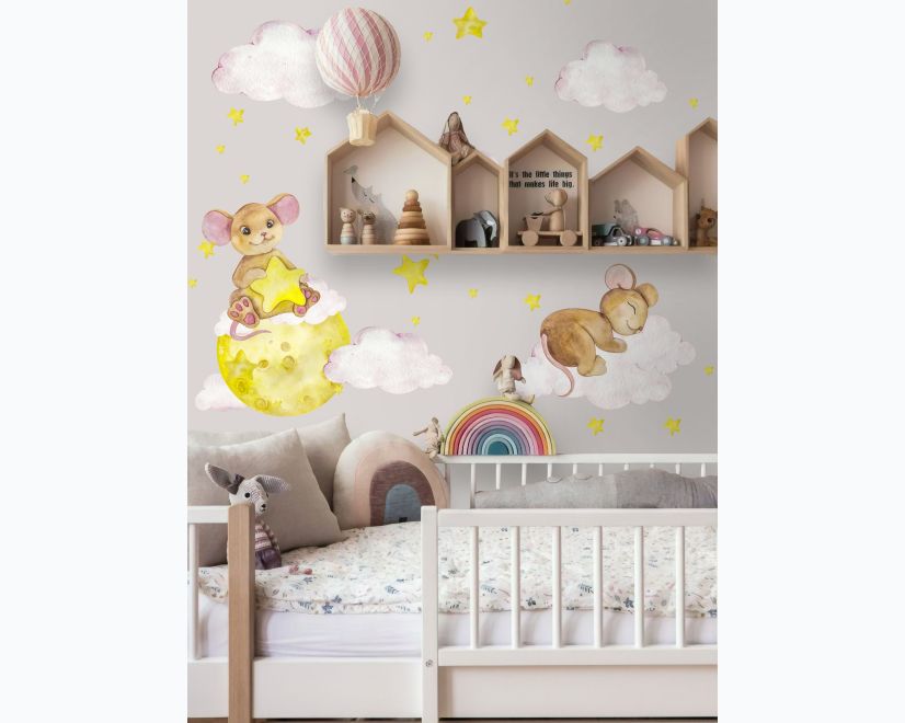 Kids Watercolor Mouse on the Yellow Moon with Little Stars Wall Decal Sticker main product photo