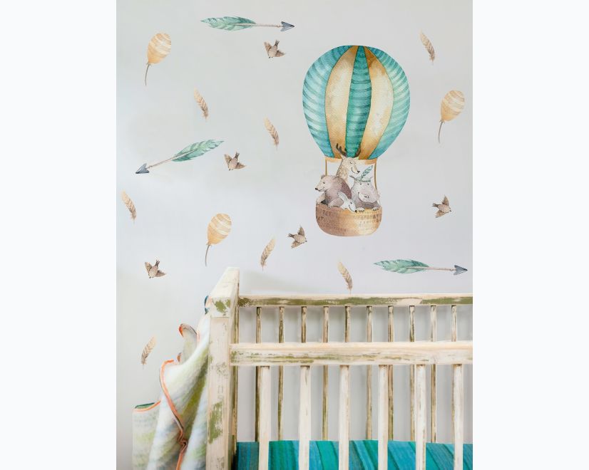 Kids Watercolor Hot Air Balloon with Animals and Colorful Feathers Wall Decal Sticker main product photo