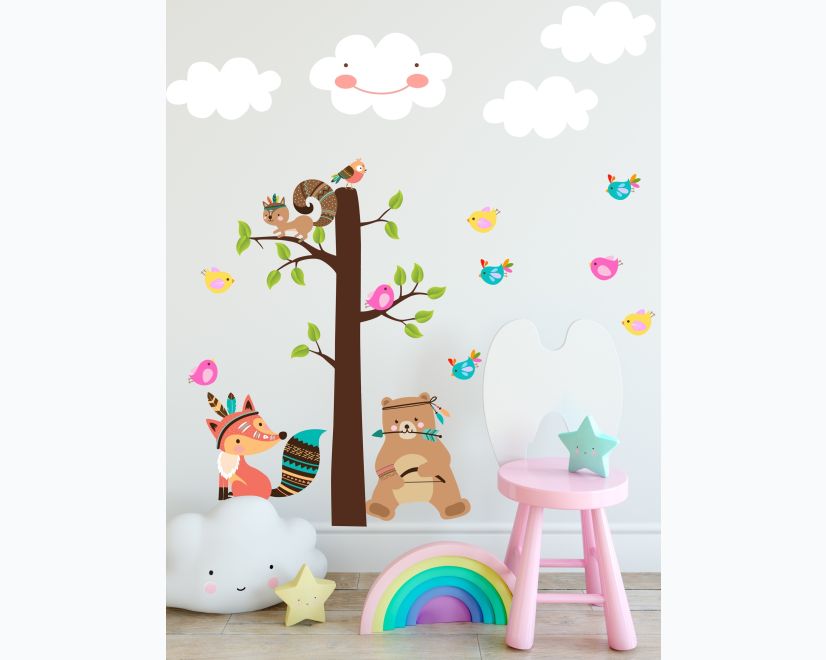Kids Cute Fox and Bear and Cartoon Tree with Little Birds Wall Decal Sticker main product photo