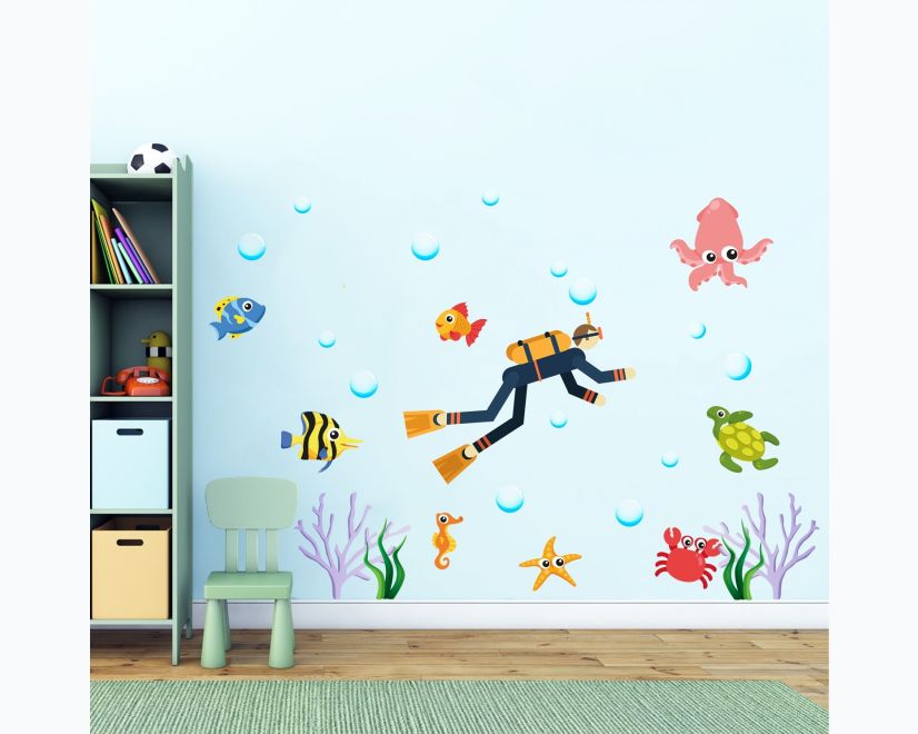 Kids Cartoon Sea Underwater with Fish Man Wall Decal Sticker main product photo