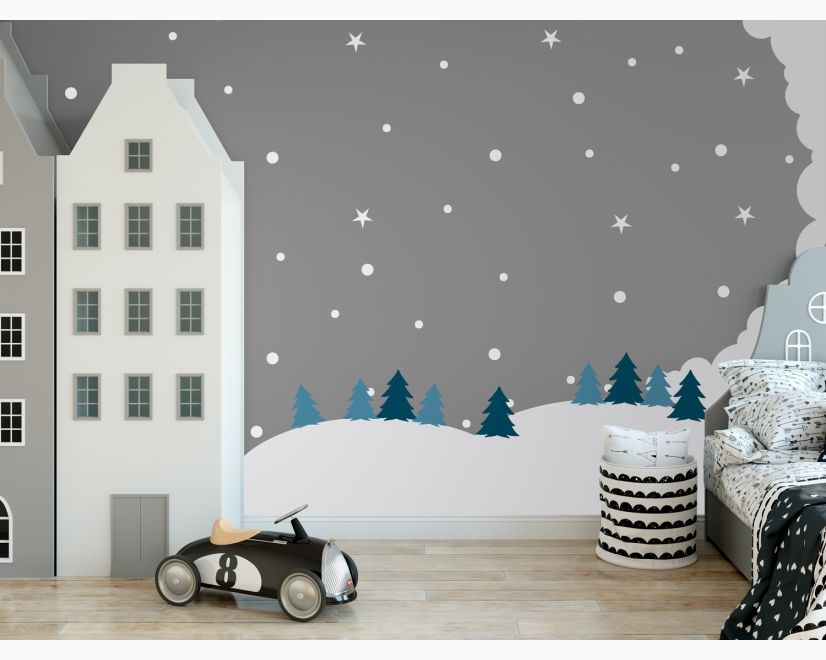 Kids White Winter Landscape with Green Pine Tree Wall Decal Sticker main product photo
