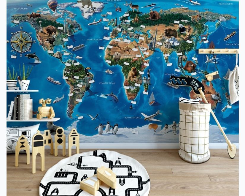 3D Look Kids World Map with Compass Wallpaper Mural main product photo