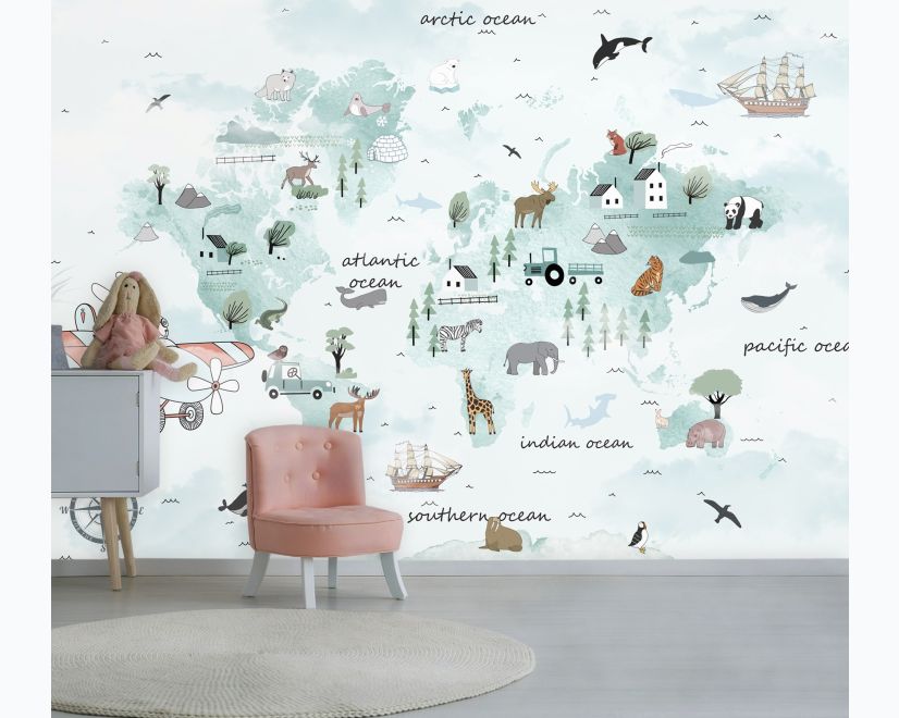 Kids Blue World Map with Cute Animals with Flying Rabbit Wallpaper Mural main product photo