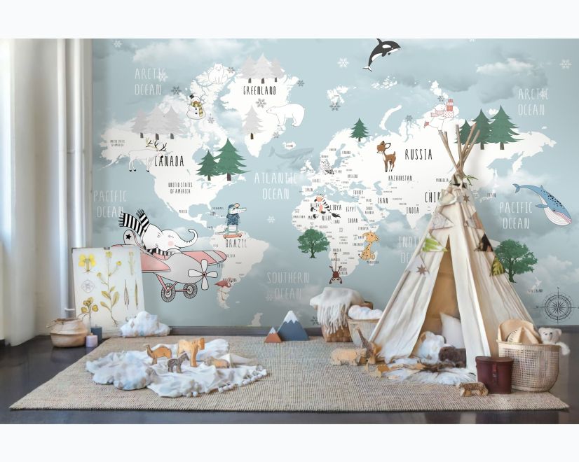 Kids Blue World Map with Cute Animals with Flying Elephant Wallpaper Mural main product photo