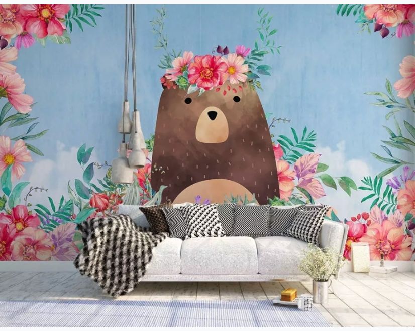 Flowery Cartoon Bear Wallpaper Mural main product photo