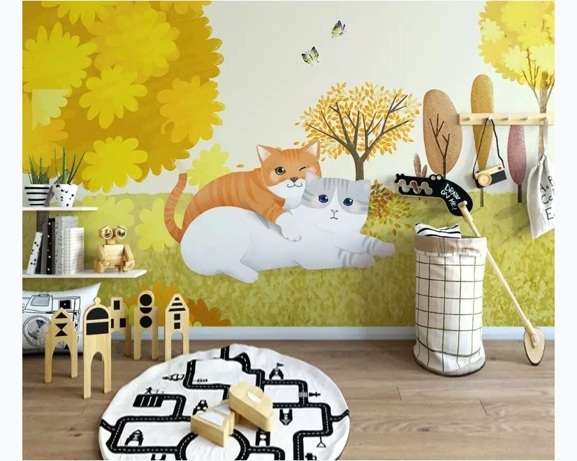 Autumn Trees and Cartoon Cats Wallpaper Mural main product photo