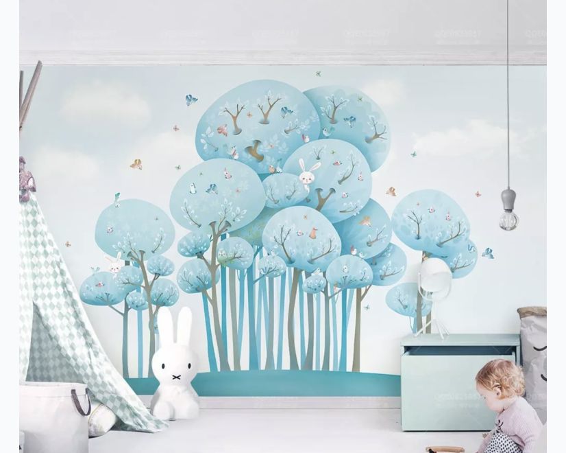 Watercolor Cartoon Blue Forest Landscape Wallpaper Mural main product photo
