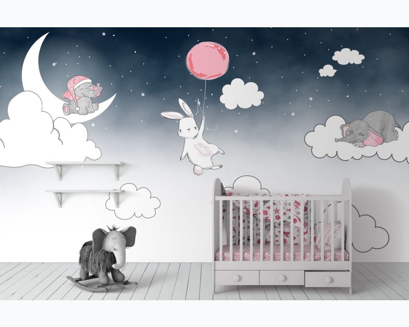 Cartoon Nightscape with Rabbit and Elephant Wallpaper Mural main product photo
