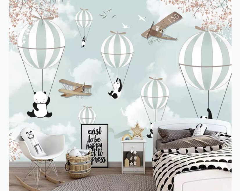 Cartoon Pandas with Hot Air Balloons Wallpaper Mural main product photo