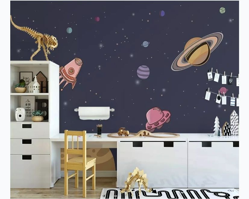 Watercolor Cartoon Space with Planets Wallpaper Mural main product photo