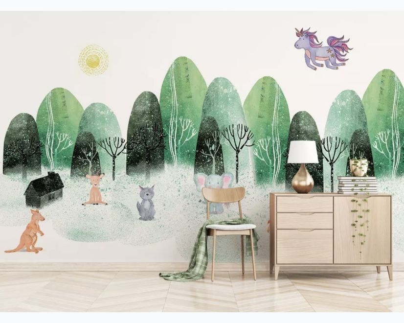 Watercolor Cartoon Trees and Animals Wallpaper Mural main product photo